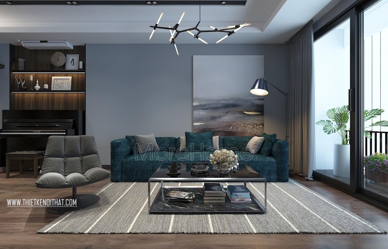 Sofa bọc nỉ với gam màu xanh tươi mát là điểm nhấn cho cả không gian Sofa phòng khách đẹp tại hà nội