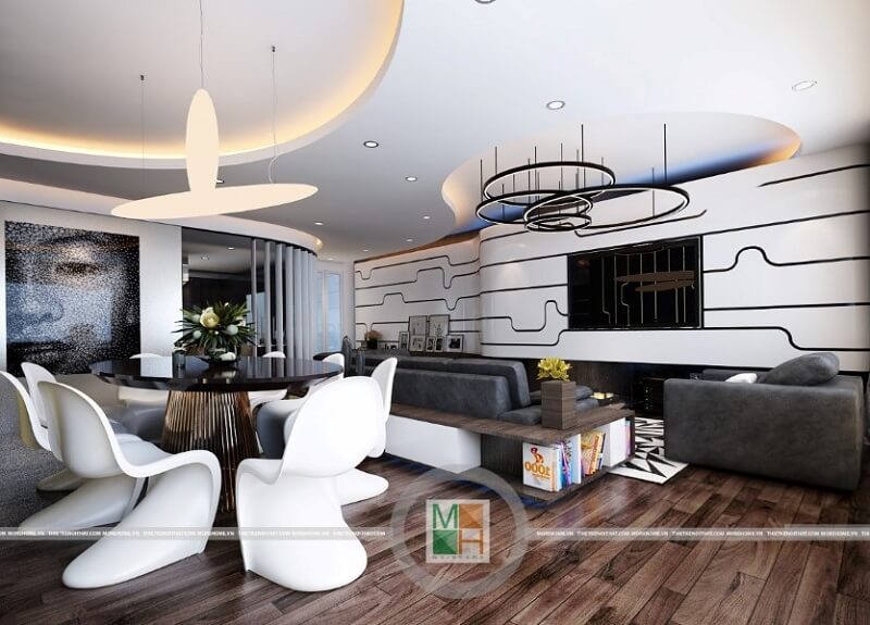 Thiết kế nội thất chung cư Ciputra đẹp với phòng khách sang trọng, lịch sự liền kề với phòng bếp và khu bàn ăn. nội thất chung cư hiện đại