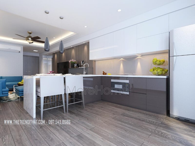 Nội thất phòng bếp hiện đại được thiết kế liền kề với không gian phòng khách giúp cho gia chủ có một không gian dùng bữa thuận tiện và ấm cúng hơn Thiết kế phòng bếp hiện đại