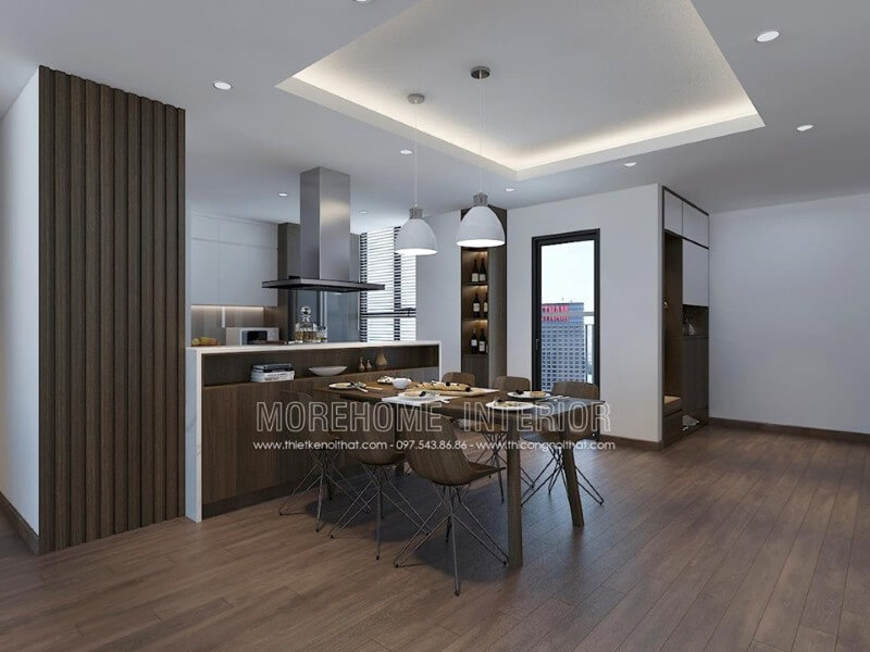 Phòng khách liên kết trực tiếp với khu vực ăn uống, tạo không gian mở và sự thông thoáng cho căn chung cư Thiết kế chung cư