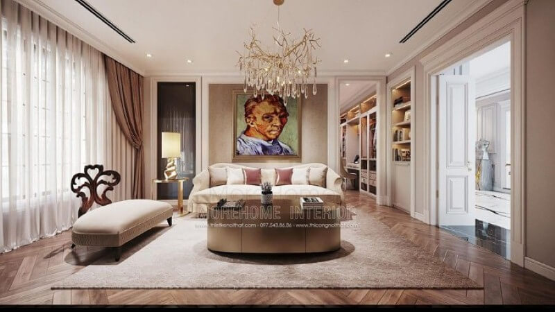 Tranh in canvas treo tường chân dung họa sĩ Van Gogh nổi tiếng tạo điểm nhấn ấn tượng cho phòng giải trí trong phòng ngủ. Mẫu nội thất biệt thự đẹp
