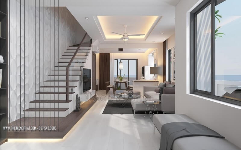 Thiết kế nội thất phòng khách liền phòng bếp ăn đẹp cùng cầu thang dây cáp tạo nét hiện đại, độc đáo cho biệt thự, nhà phố. Mẫu nội thất biệt thự đẹp