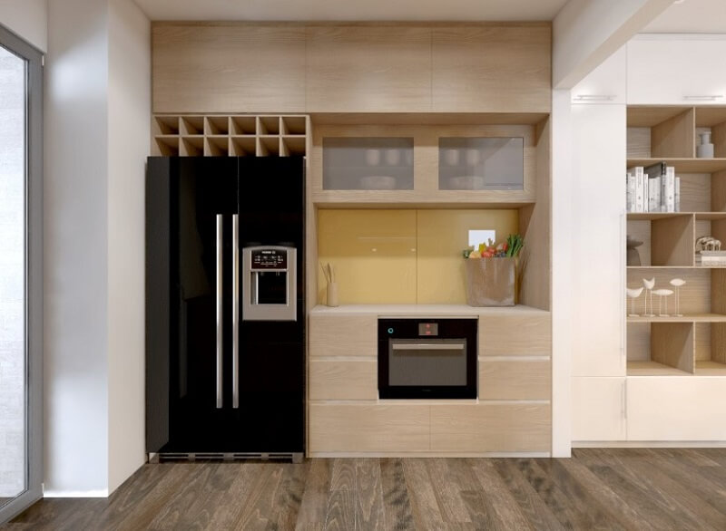 Thiết kế hệ tủ bếp gỗ cao cấp tích hợp đa chức năng kết hợp tủ lạnh và lò vi sóng mang đến một không gian bếp lí tưởng Thiết kế nội thất phòng bếp