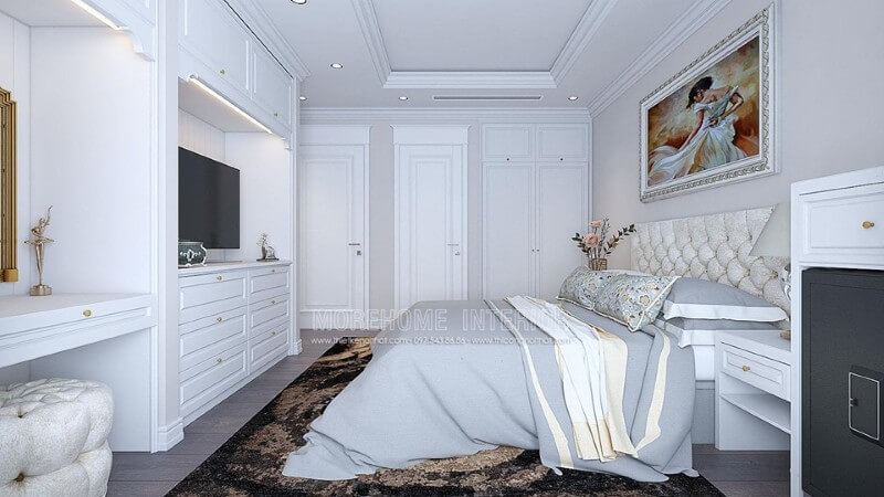 Phong cách tân cổ điển với gam màu trắng này sẽ giúp phòng ngủ của căn hộ Times City này thêm hoàn hảo Mẫu nội thất chung cư tân cổ điển