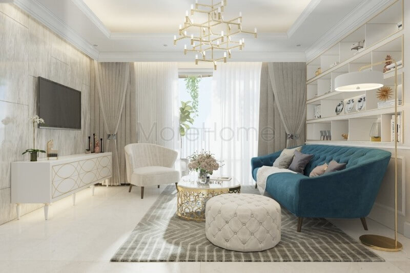 Thiết kế nội thất phòng khách chung cư với gam màu trắng chủ đạo mang đến cảm giác tinh tế và thanh thoát cho không gian Mẫu nội thất chung cư tân cổ điển