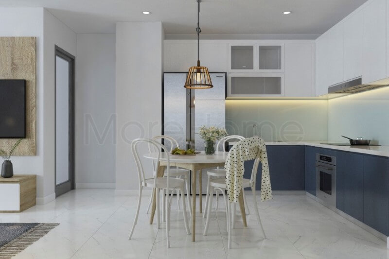 Thiết kế nội thất phòng bếp chung cư sử dụng những tone màu đơn giản, không nhấn mạnh vào chi tiết, gợi một cảm giác khá lạnh, tuy nhiên chính sự lạnh này lại mang đến cho căn bếp sự sạch sẽ và tinh tế. Gợi ý thiết kế phòng bếp đẹp và sang trọng