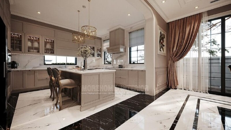 Mẫu tủ đảo bếp gỗ tự nhiên gam màu nâu nhạt kết hợp cùng đá ốp lát tạo nên vẻ đẹp nhẹ nhàng, thanh lịch nhưng không kém phần sang trọng tại biệt thự cao cấp Hải Phòng. Tủ bếp gỗ tự nhiên