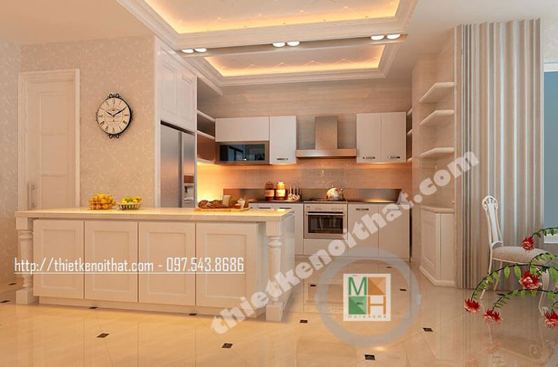 Thiết kế nội thất phòng bếp hiện đại với nội thất gỗ tone màu trắng ấn tượng tạo không gian nấu nướng tiện nghi cho người nội trợ Thiết kế phòng bếp, tủ bếp đẹp