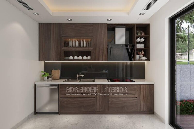 Mẫu tủ bếp gỗ công nghiệp veneer tối màu đẹp, sang trọng cho không gian bếp hiện đại. Thiết kế tủ bếp chung cư