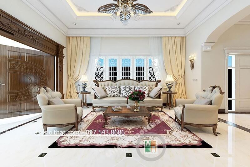 Mẫu sofa phòng khách gỗ tự nhiên bọc vải với đường nét tân cổ điển tinh tế tạo điển nhấn cho căn phòng Mẫu sofa gỗ tự nhiên, gỗ óc chó đẹp