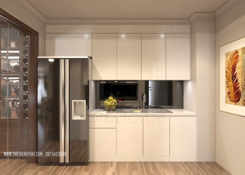 Tủ bếp hiên đại được lắp đặt gọn gàng tạo một mặt phẳng tiện nghi, đa năng, không tốn quá nhiều diện tích mà vẫn đầy đủ tính công năng. Tủ bếp gỗ công nghiệp và tủ bếp acrylic