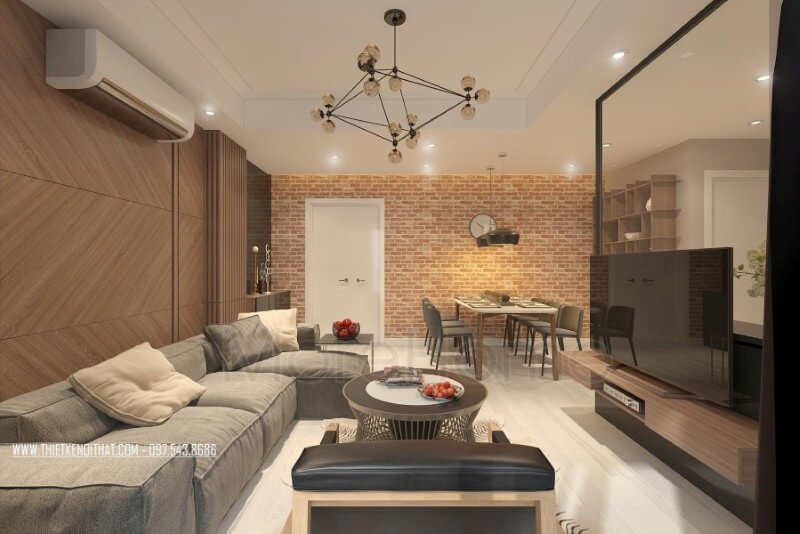 Không gian phòng khách hướng sáng với khung cửa rộng đón ánh sáng tự nhiên vào căn phòng tạo cảm giác cơi nới và mở rộng cho căn nhà, khắc phục được sự hạn chế của không gian chung cư bí bách và tối tăm. Thiết kế phòng khách chung cư