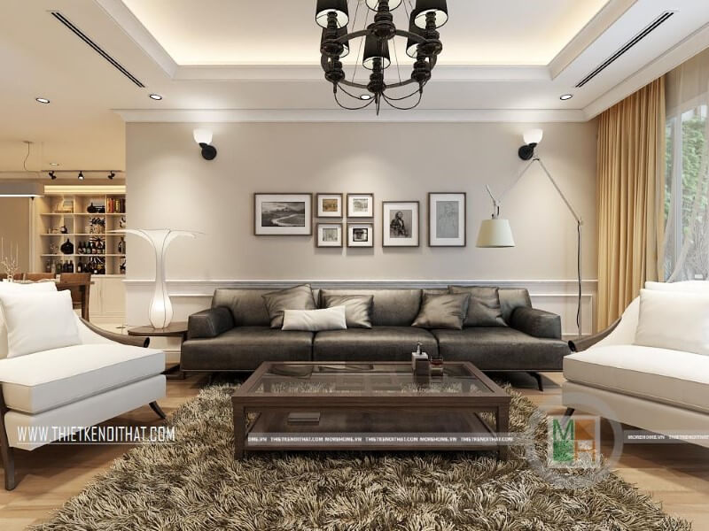 Mẫu thiết kế phòng khách hiện đại với trang trí nội thất độc đáo sử dụng thảm lông màu sẫm kết hợp bộ sofa da cao cấp thu hút mọi ánh nhìn Thiết kế phòng khách chung cư