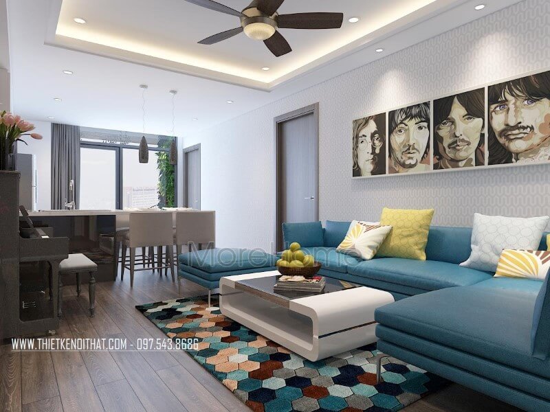 Thiết kế nội thất phòng khách chung cư được kiến trúc sư lựa chọn sử dụng tone màu đơn giản, gam màu lạnh mang lại cho không gian sinh hoạt chung một cảm giác sang trọng, sạch sẽ và vô cùng tinh tế Thiết kế phòng khách chung cư