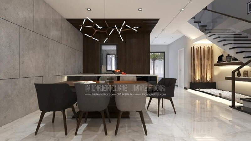 Bố trí nội thất phòng ăn hiện đại, đẹp sang trọng dành cho nhà phố, biệt thự với tối đa 7 thành viên. Thiết kế nội thất phòng ăn biệt thự