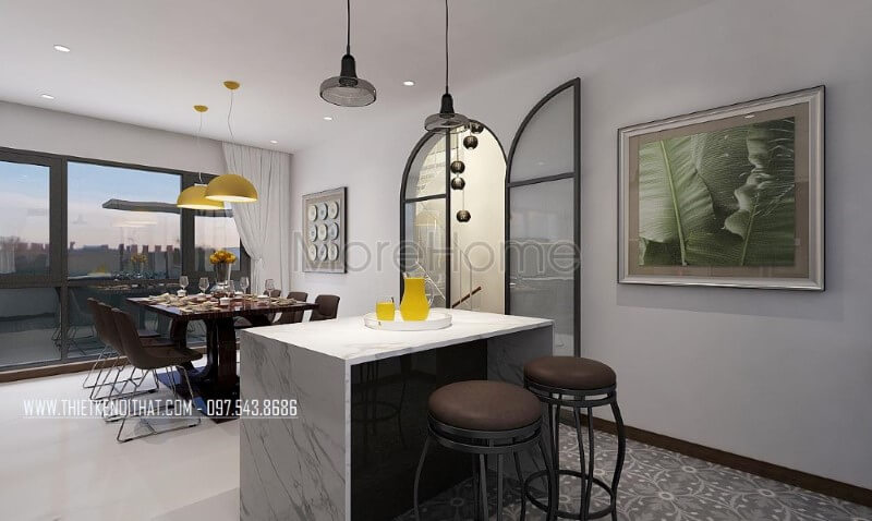 Thiết kế phòng bếp đảo kề phòng ăn mang phong cách hiện đại, đẹp, sang trọng. Thiết kế nội thất phòng ăn biệt thự