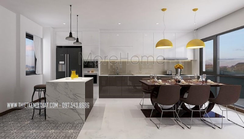 Trang trí phòng ăn lồng phòng bếp hiện đại tạo nên không gian vừa đẹp vừa tiện nghi vừa sang trọng. Thiết kế nội thất phòng ăn biệt thự