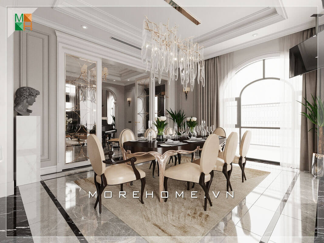 Thiết kế mẫu bàn ăn gỗ 8 ghế ăn bọc da chân gỗ óc chó sang trọng. Thiết kế nội thất phòng ăn biệt thự
