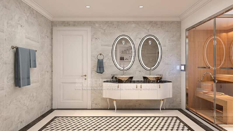 Trang trí phòng tắm ấn tượng với gương đèn led hắt sáng hình elip cao cấp. Mẫu nội thất biệt thự đẹp