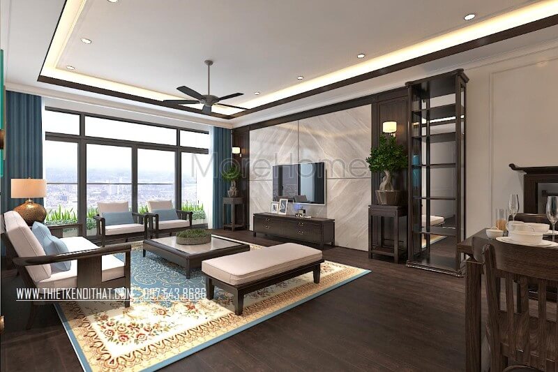 Thiết kế nội thất phòng khách tối giản điểm nhấn là bộ sofa gỗ kết hợp nỉ được thiết kế đơn điệu nhưng không kém phần nổi bật nhờ vào sự kết hợp màu nâu đậm của gỗ. Mẫu nội thất chung cư đẹp