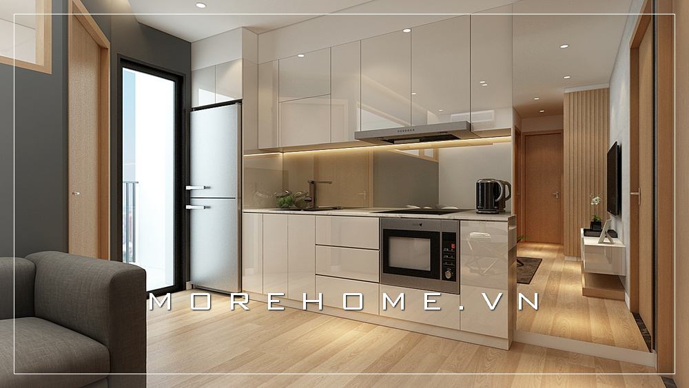 Mẫu tủ bếp gỗ công nghiệp màu trắng hiện đại, đơn giản cho nhà chung cư Thiết kế và sản xuất tủ bếp đẹp