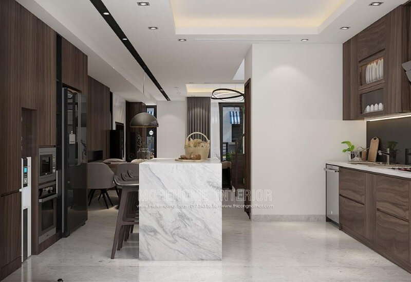 Bàn đảo bếp đá vân mây đẹp tạo nên điểm nhấn ấn tượng cho không gian bếp. Thiết kế nhà bếp đẹp