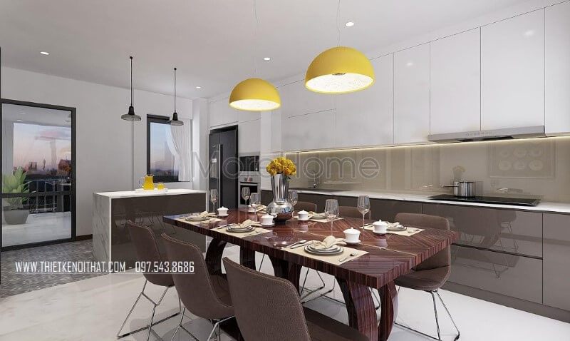 Bộ bàn ghế phòng ăn gỗ nguyên tấm trầm 6 ghế màu kết hợp cùng tone sáng từ tủ bếp tạo nên vẻ đẹp hài hòa, sang trọng cho phòng bếp hiện đại.