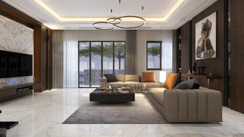 Trang trí nội thất phòng khách biệt thự cao cấp tại Parkcity ấn tượng với phong cách trang trí hiện đại sang trọng.