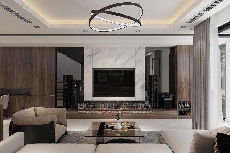 Đá nhân tạo LG sẽ độc đáo hơn nết kết hợp vật liệu ốp phòng khách tối màu.