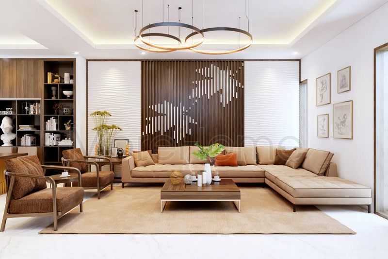 Nội thất sofa bọc da chữ L kết hợp với bàn trà gỗ tự nhiên màu nâu sang chảnh cho phòng khách