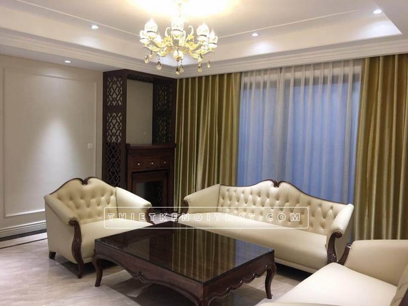 Bàn trà tân cổ điển gỗ óc chó lắp mặt kính cường lực