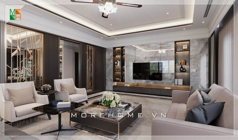Thiết kế bàn trà kiểu dáng hiện đại với mặt bàn đá cao cấp kết hợp chân sắt mạ vàng, mang đến sự sang trọng cho không gian phòng khách chung cư, nhà phố, biệt thự phong cách hiện đại