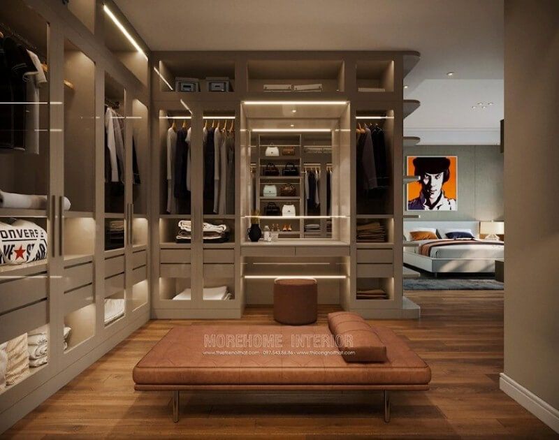 Phòng ngủ liền phòng thay đồ ấn tượng với cách trang trí hiện đại, sang trọng