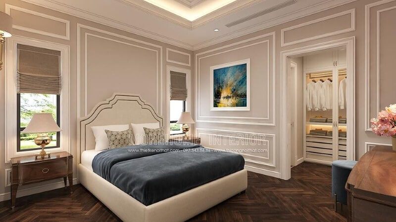 Thiết kế nội thất phòng ngủ tân cổ điển đẹp, sang trọng, tinh tế với gam trắng chủ đạo từ giường, tường, trần thạch cao.