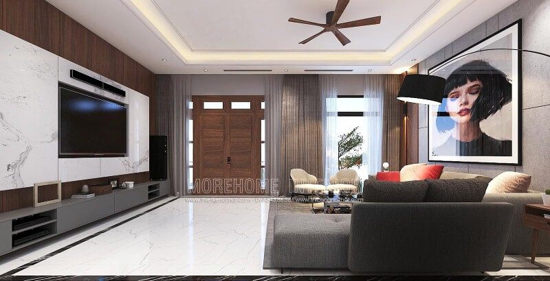 Thiết kế nội thất phòng khách hiện đại đẹp, tinh tế từ đá ốp tường vân mây, tranh treo tường nghệ thuật cùng sofa hiện đại cao cấp.