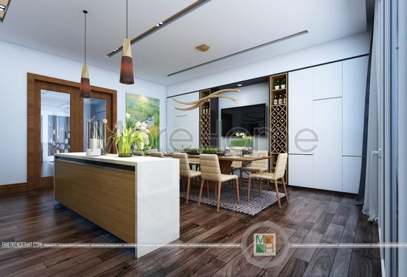 Nội thất phòng ăn hiện đại được kiến trúc sư lựa chọn tông màu trắng thoáng mát sạch sẽ