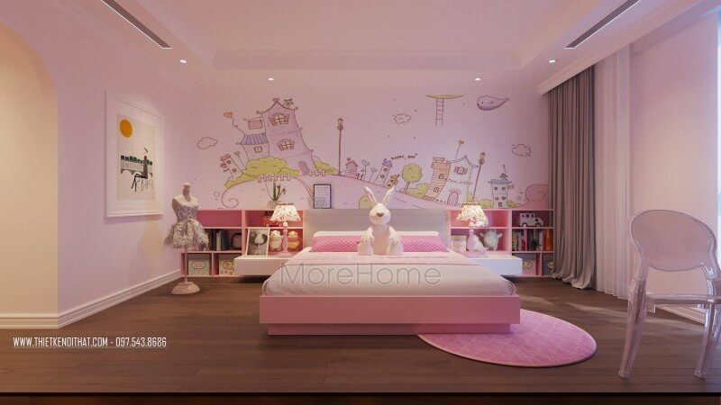 Với bé giá nhỏ tuổi KTS Morehome thiết kế một không gian phòng ngủ ngọt ngào, tông hồng – trắng chủ đạo sinh động đáng yêu