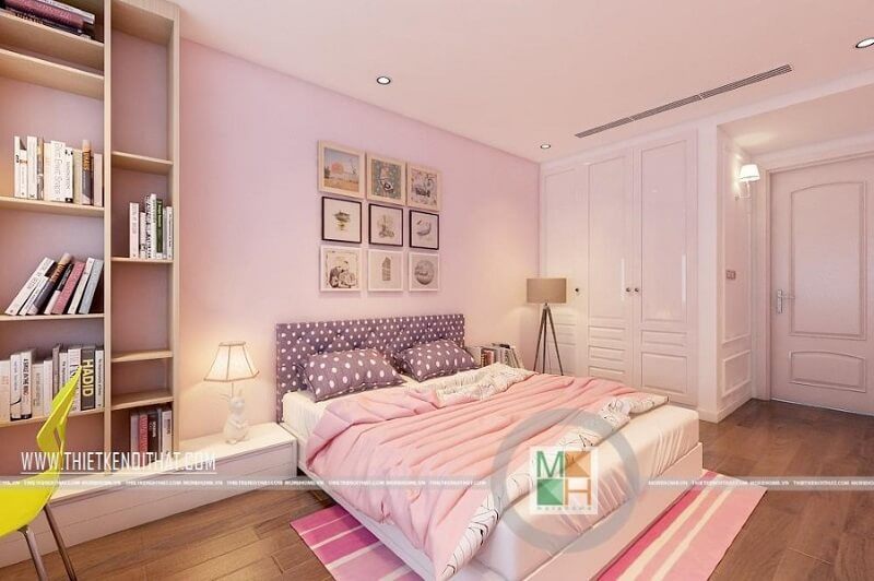 Mẫu thiết kế phòng ngủ bé gái đáng yêu với tông màu hồng chủ đạo kết hợp đồ nội thất nhỏ gọn tiện nghi: tủ quần áo âm tường, kệ sách treo, giường ngủ nhỏ nhắn,.. được nhiều gia chủ yêu thích và hướng đến.