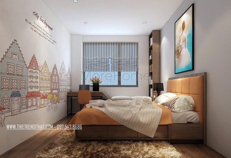 Thiết kế phòng ngủ bé gái ấn tượng với giường ngủ gỗ công nghiệp thông minh, chăn ga với gam màu cam nổi bật.
