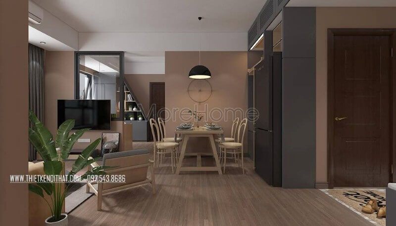 Khu vực ăn uống được liên kết trực tiếp với phòng khách để tiết kiệm diện tích và tăng sự liên kết cho không gian