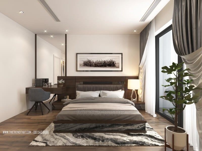 Mẫu bàn trang điểm gỗ đơn giản kết hợp với ghế chân gỗ hiện đại được sử dụng trong phòng ngủ.